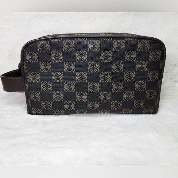 LOEWE Clutch Bag repeat Anagram Gray PVC Brown Leather Silver Zipper - Picture 1 of 11